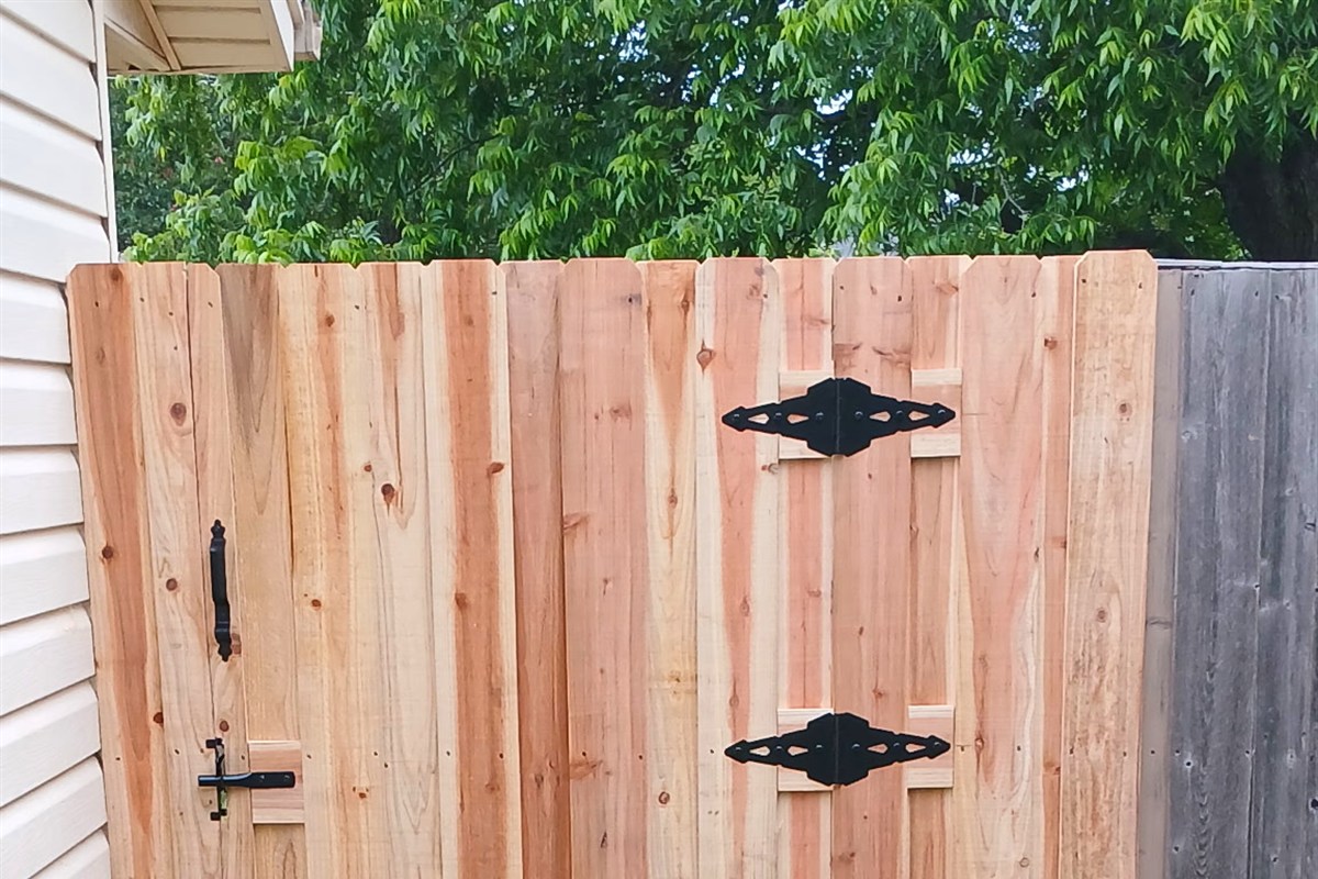 Cedar gate with new black strap hinges and latch