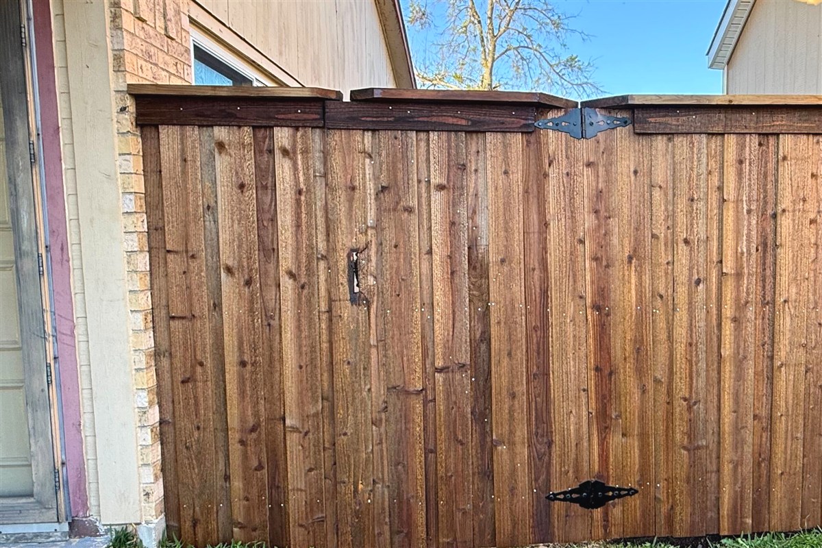 Double wood gate with dark stain and black iron hardware